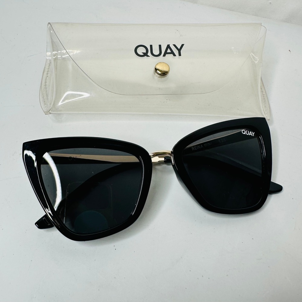 Quay Australia Reina Mini Sunglasses Black Gold Cat Eye Frames with Case